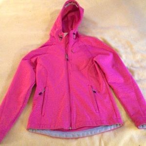 Hot pink medium weight rain jacket with flock lining. Size Small.